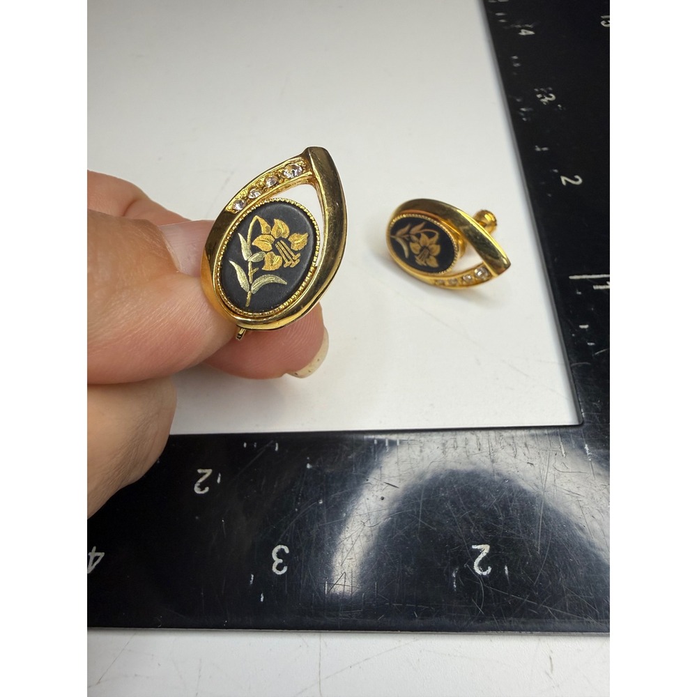 Gold Tone Black Floral Damascene Style Rhinestone Screw Back Clip On Earrings